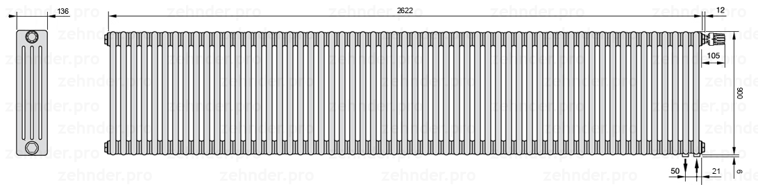Схема (чертеж) Радиатор Zehnder Charleston 4090/57 №V002 Белый глянцевый RAL 9016